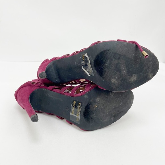 Charlotte Russe Lace Up Heels 6 Burgundy Suede Peep Toe Stiletto Strappy Sandals - Picture 9 of 11
